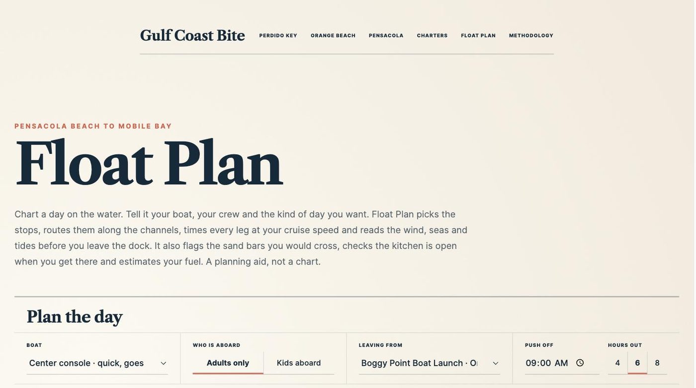 Gulf Coast Bite Float Plan trip planner with marine forecast and routing.